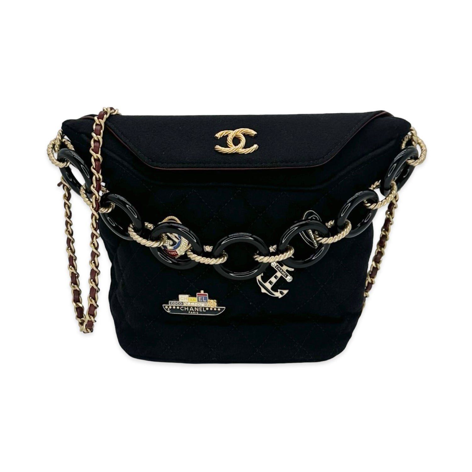 Quilted Tweed Nautical Charms Chain Flap Bucket Bag