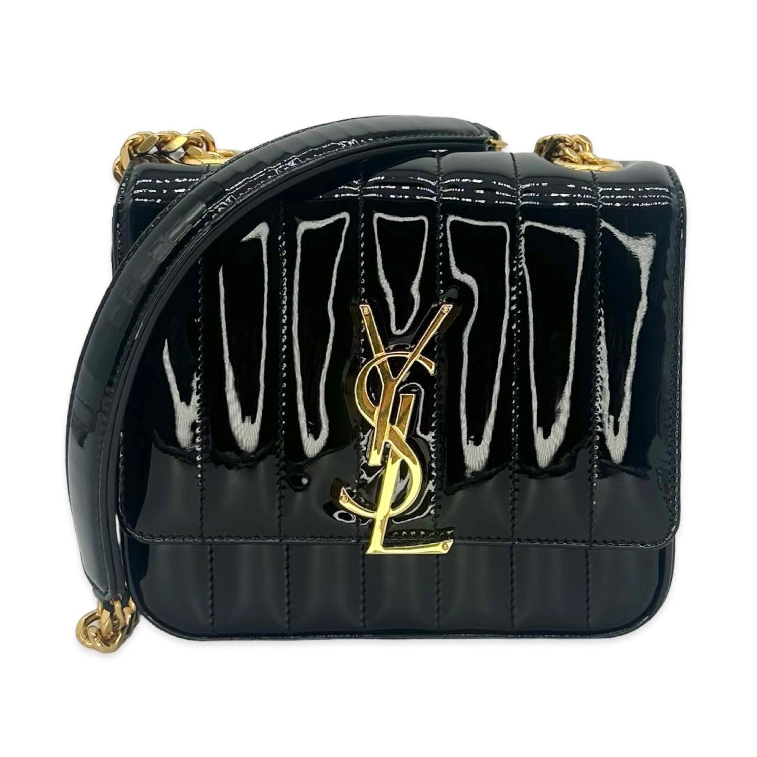 Saint Laurent Quilted Patent Leather Vicky Chain Flap Bag
