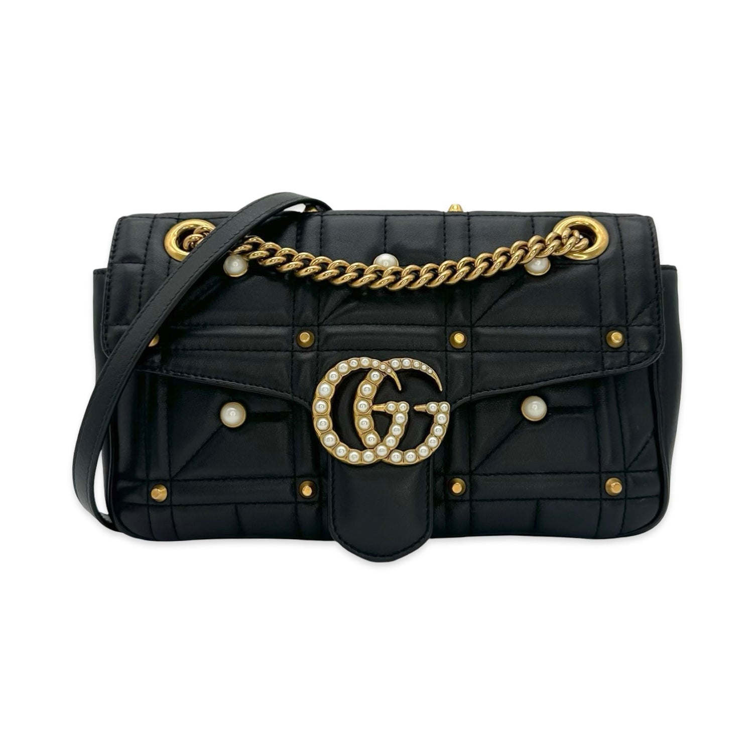 Gucci Quilted Calfskin GG Marmont Pearl Studded Flap Chain Bag