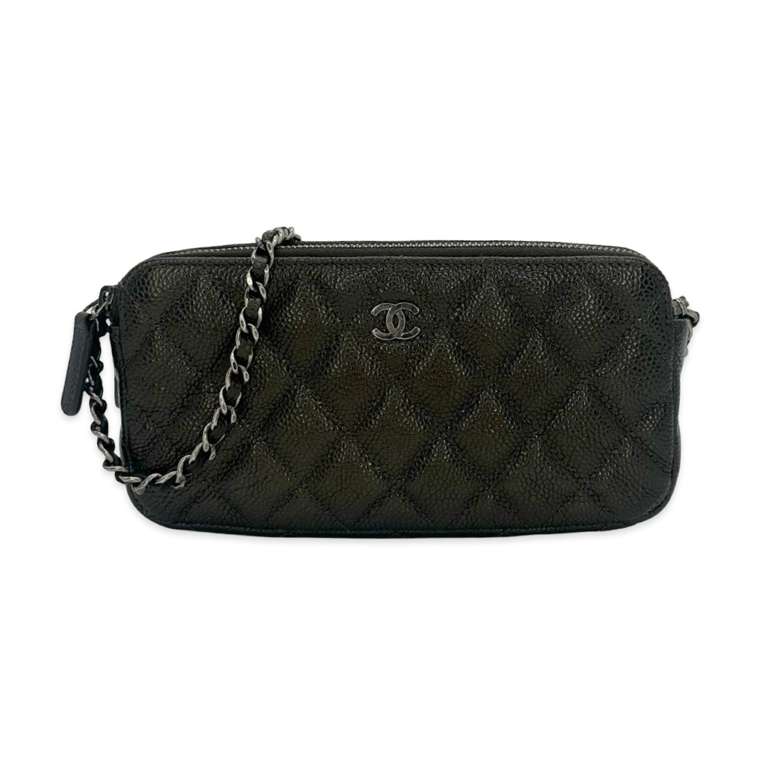 Chanel Quilted Caviar Double Zip Pouch On Chain Small Clutch