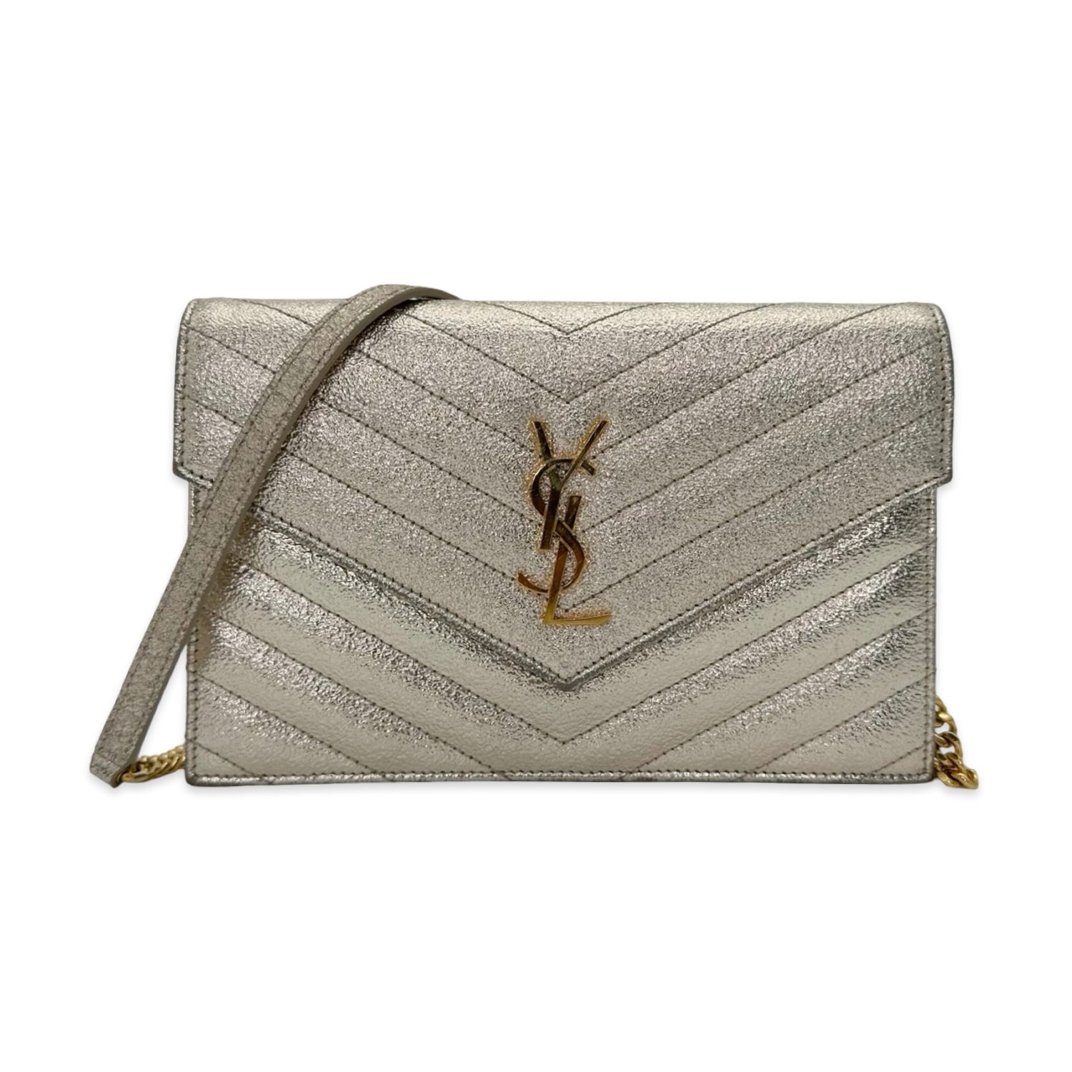 Saint Laurent Crinkle Calfskin Monogram Envelope Chain Wallet