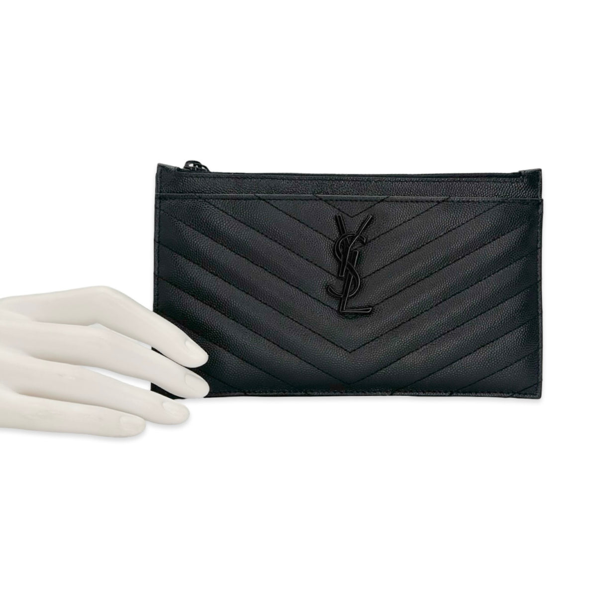 Saint Laurent Quilted Grain de Poudre Long Zip Pouch