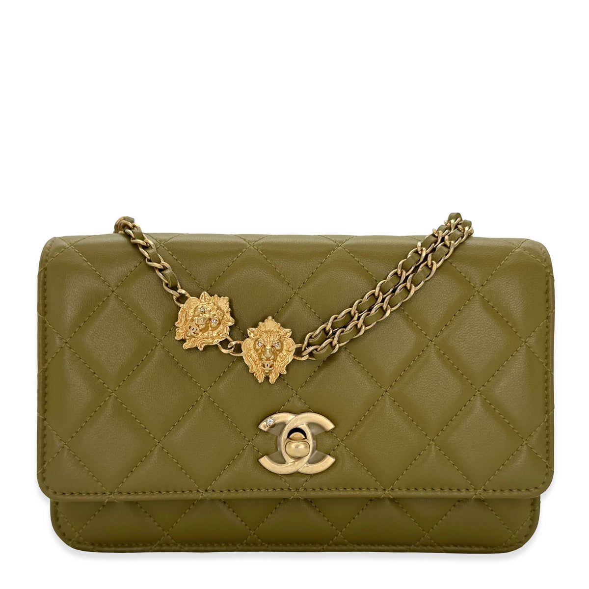 Chanel Quilted Lambskin Lion Charms Twist Lock Wallet on a Chain