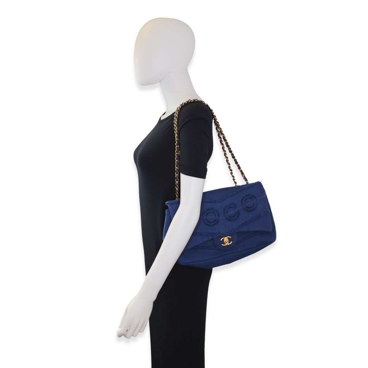 Chanel Chevron Fringe Denim Tufted Coco Jumbo Single Flap