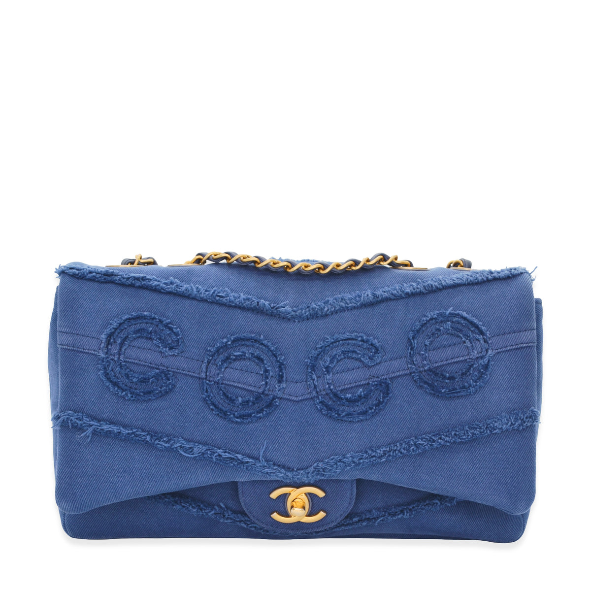 Chanel Chevron Fringe Denim Tufted Coco Jumbo Single Flap