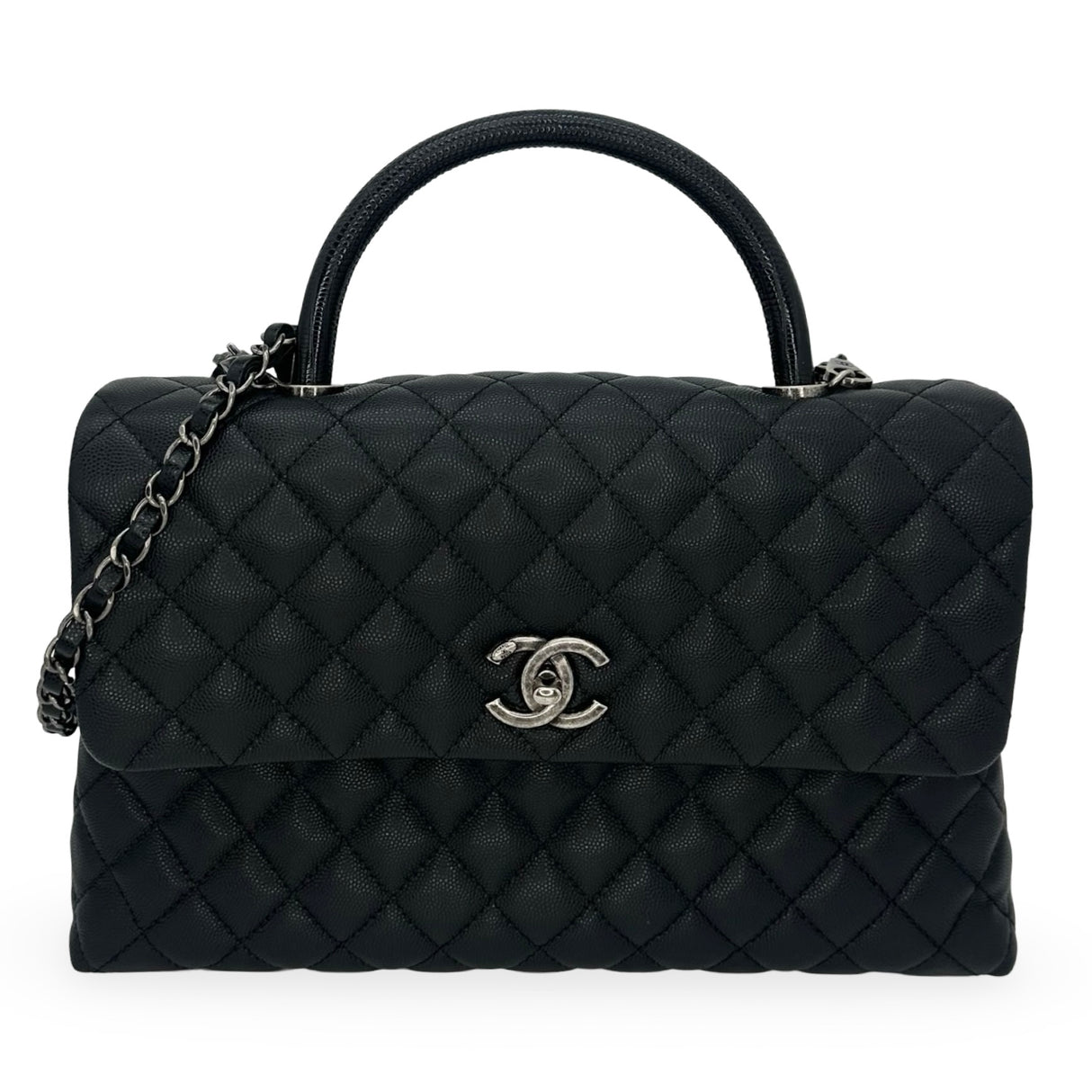 CHANEL: Quilted Caviar Medium Lizard Coco Top Handle Flap Bag