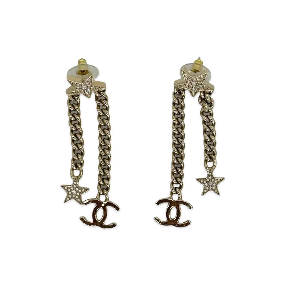 CHANEL: Crystal CC Star Chain Drop Earrings