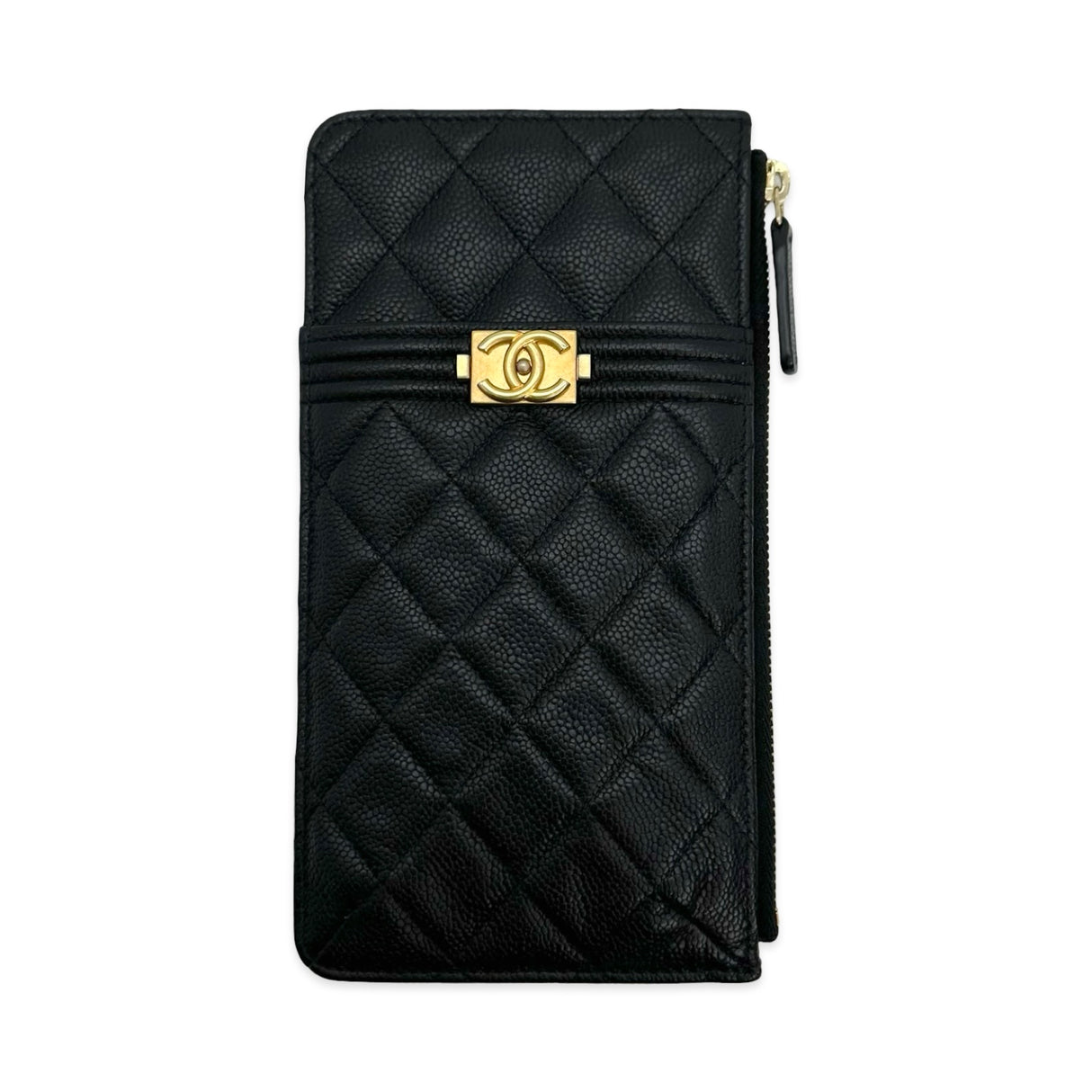 CHANEL: Quilted Caviar Boy Phone Holder Zip Card Pouch