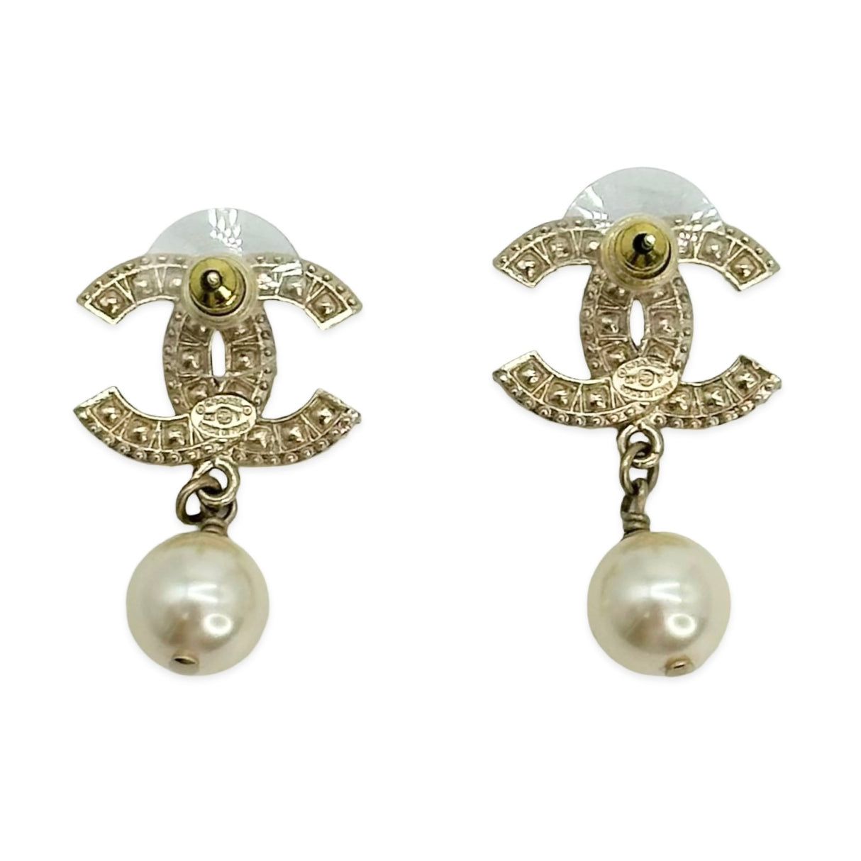 CHANEL: Crystal CC Pearl Drop Post Earirngs