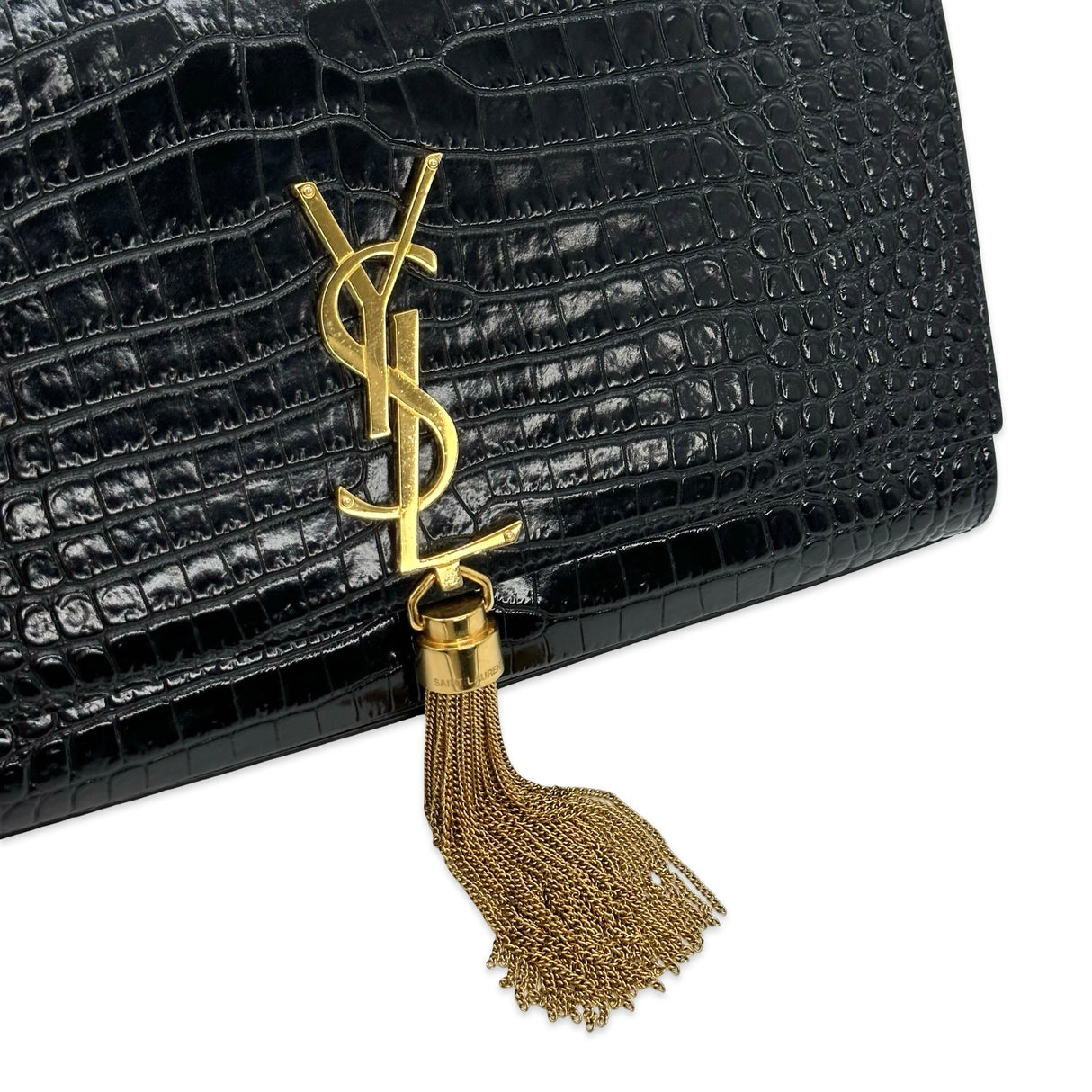 SAINT LAURENT: Croc Embossed Medium Tassel Kate Bag