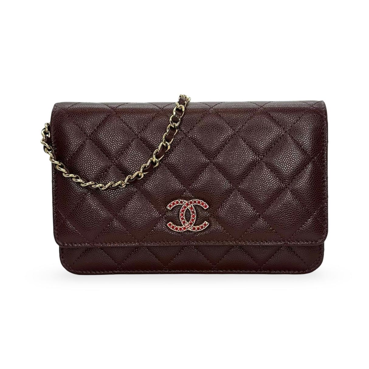 CHANEL: Quilted Caviar Woven Crystal Wallet on a Chain