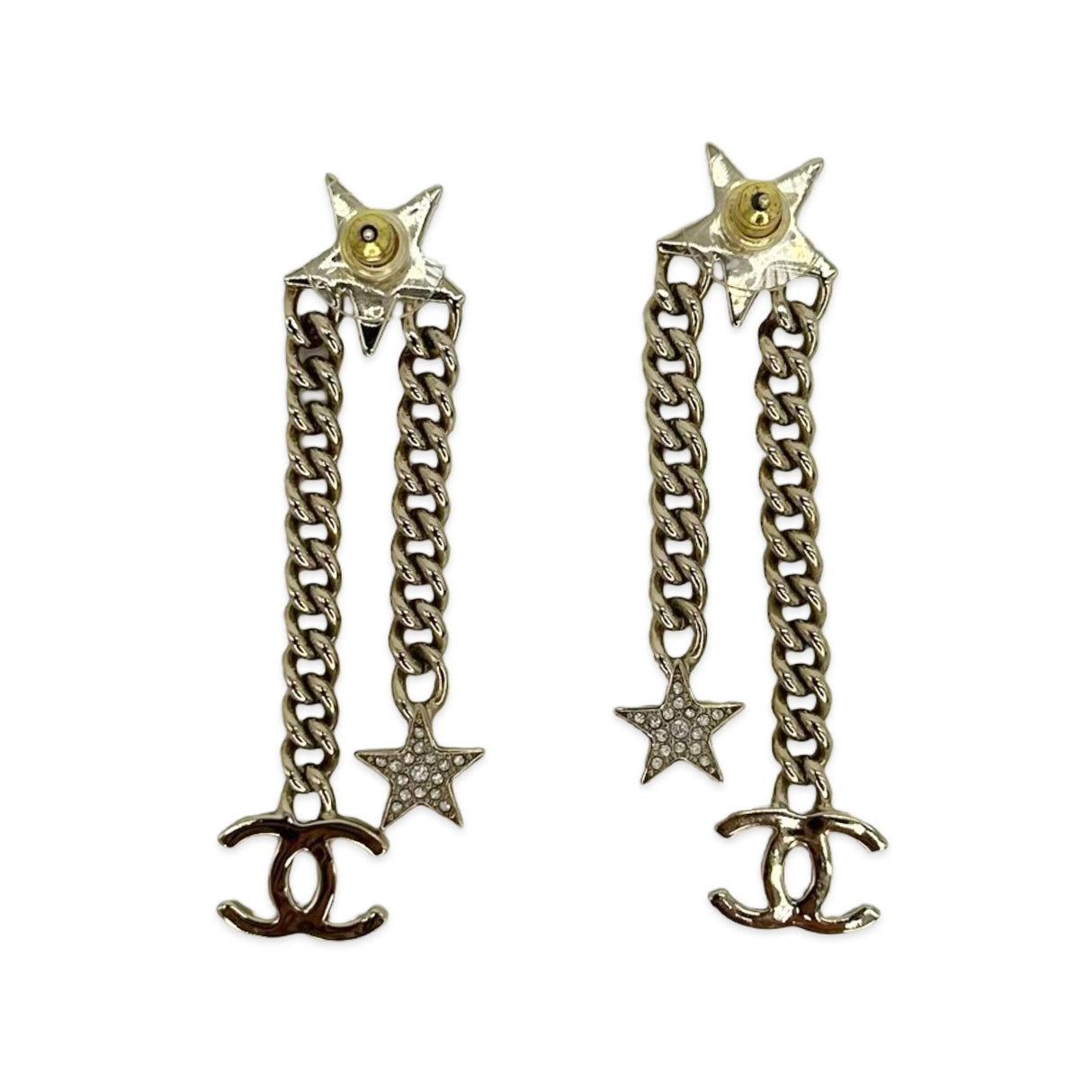 CHANEL: Crystal CC Star Chain Drop Earrings