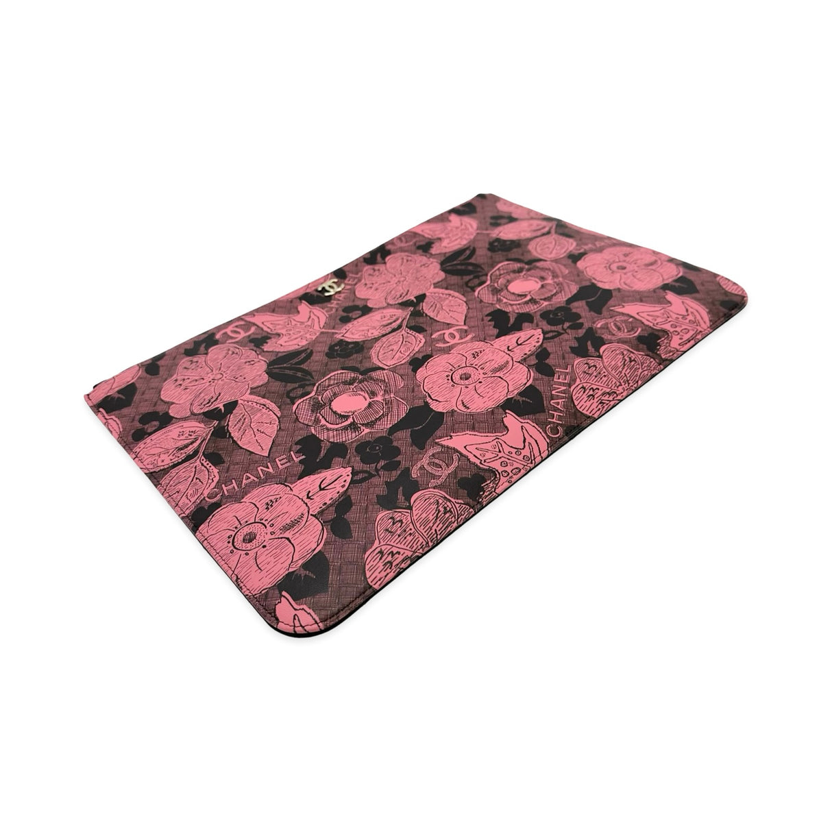 CHANEL: Printed Lambskin Floral Large Zip Pouch