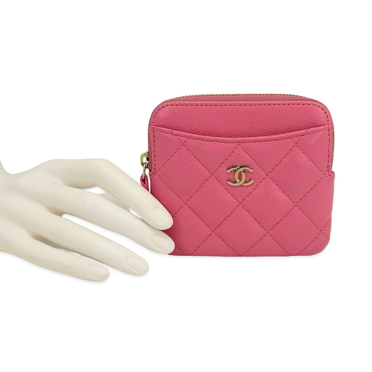 CHANEL: Quilted Caviar Compact Zip Wallet