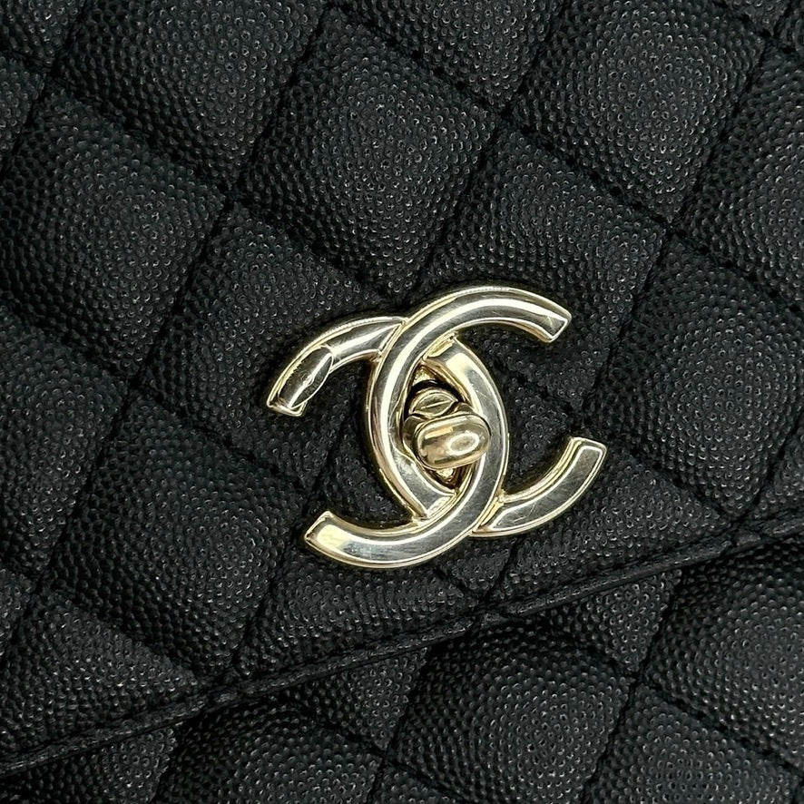 CHANEL: Quilted Caviar Small Coco Top Handle Flap Bag