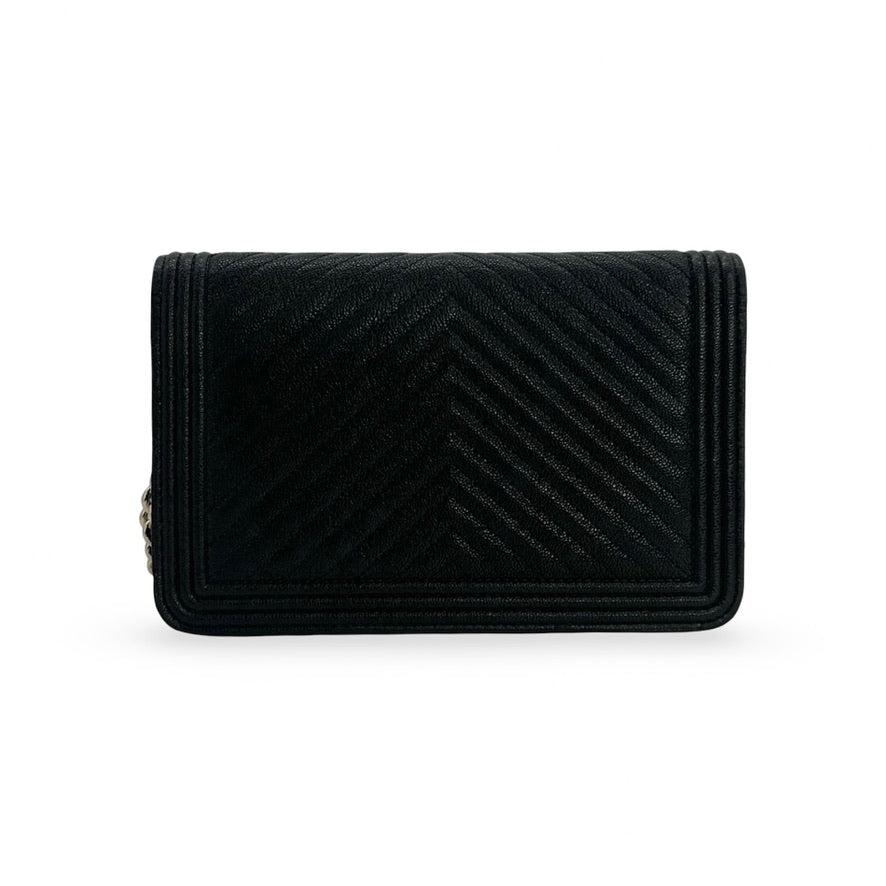 CHANEL: Chevron Quilted Caviar Boy Wallet on a Chain