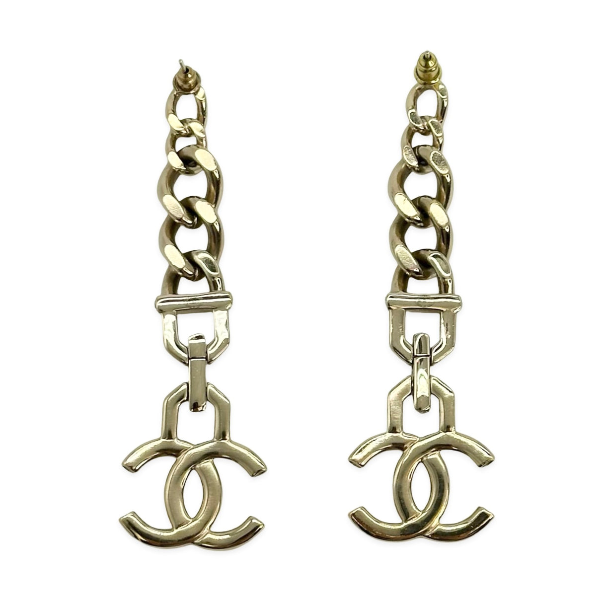 CHANEL: CC Crystal Pearl Chain Drop Earrings