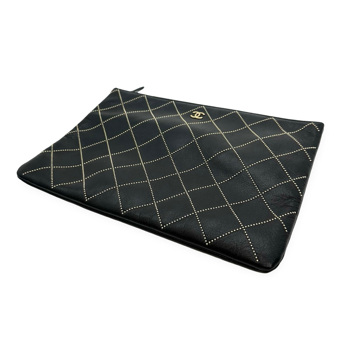 CHANEL: Quilted Studded Calfskin Large O Case Zip Pouch