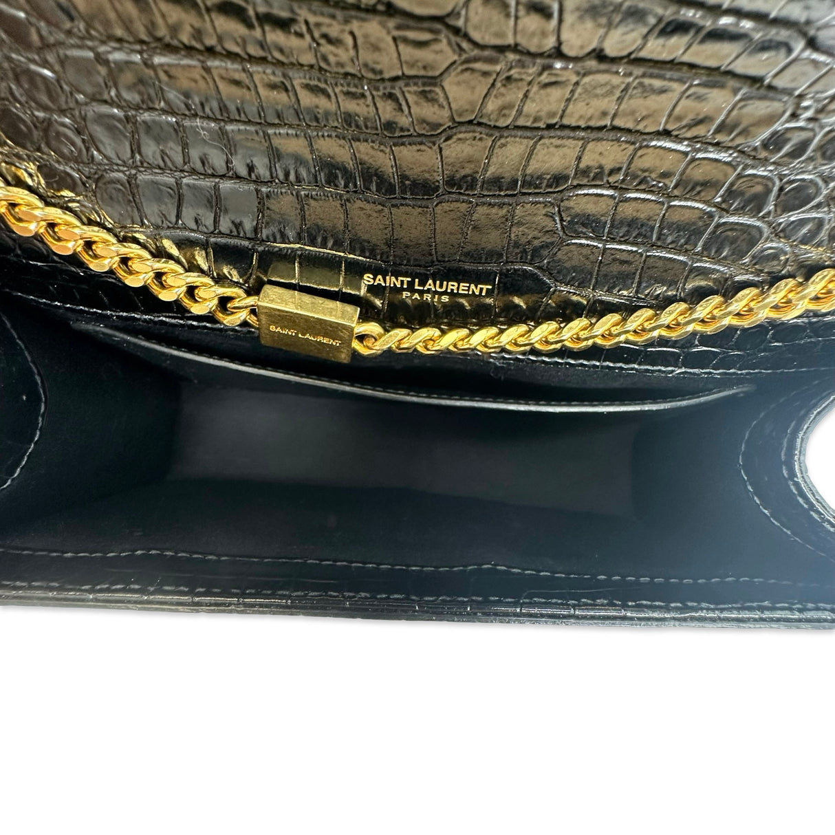 SAINT LAURENT: Croc Embossed Medium Tassel Kate Bag
