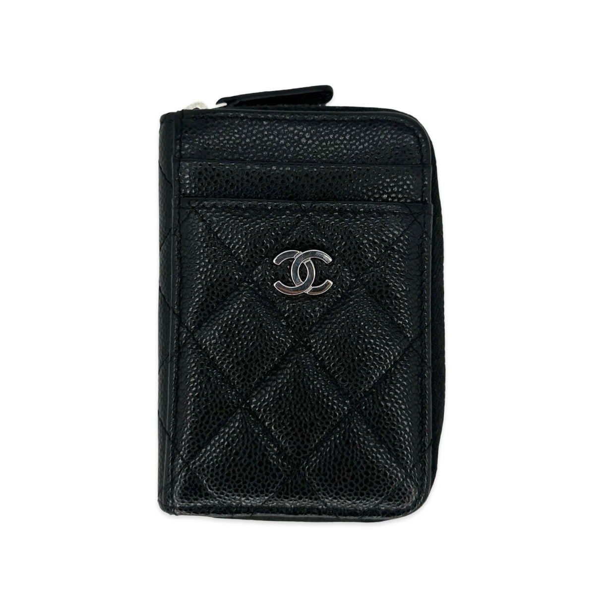 CHANEL: Quilted Caviar Vertical Zip Card Holder Wallet