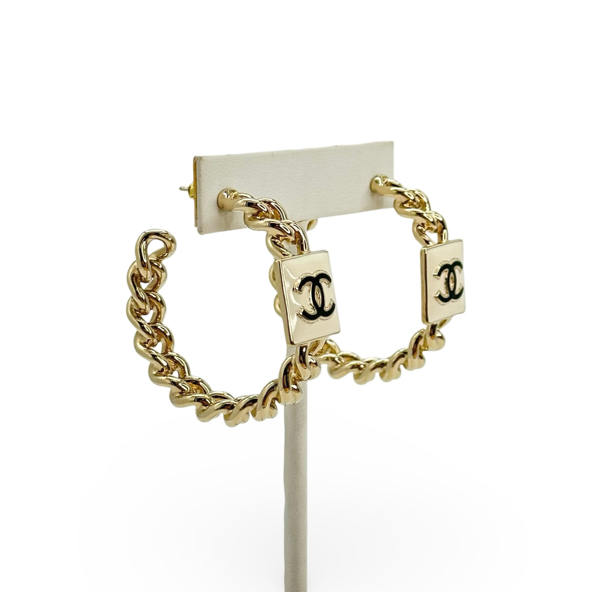 CHANEL: CC Enamel Chain Hoop Earrings