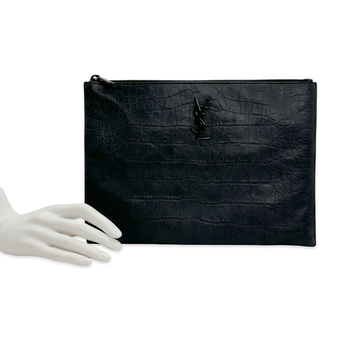 SAINT LAURENT: Croc Embossed Large Cassandre Zip Pouch