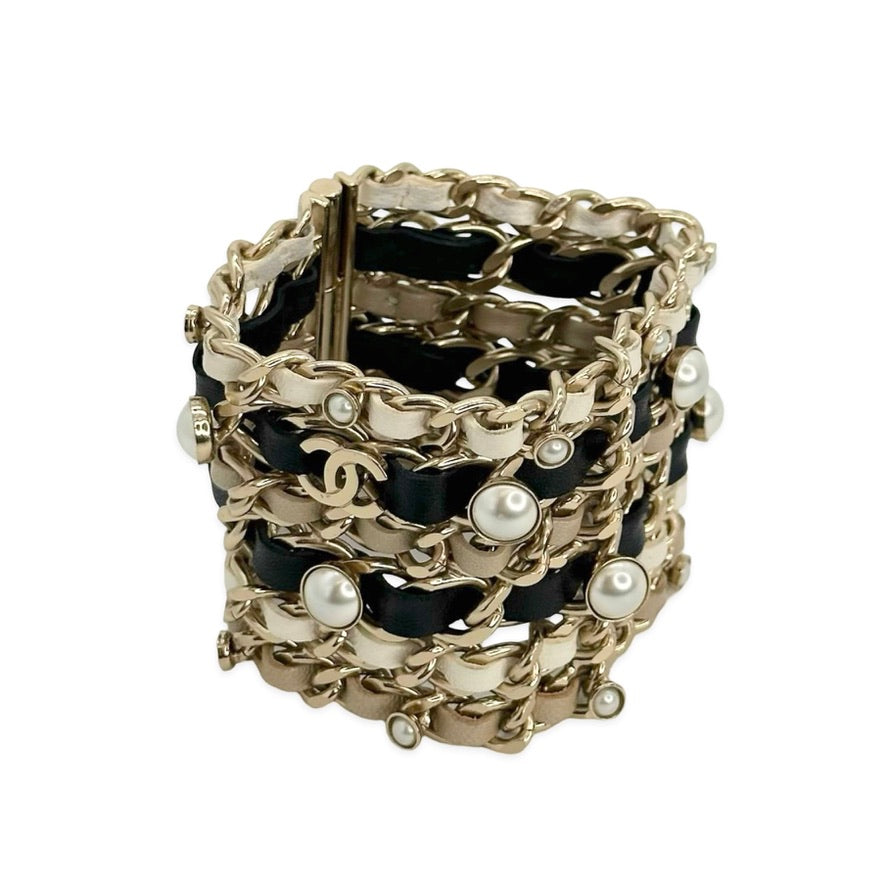 CHANEL: Leather Woven Chain and Pearl Bracelet