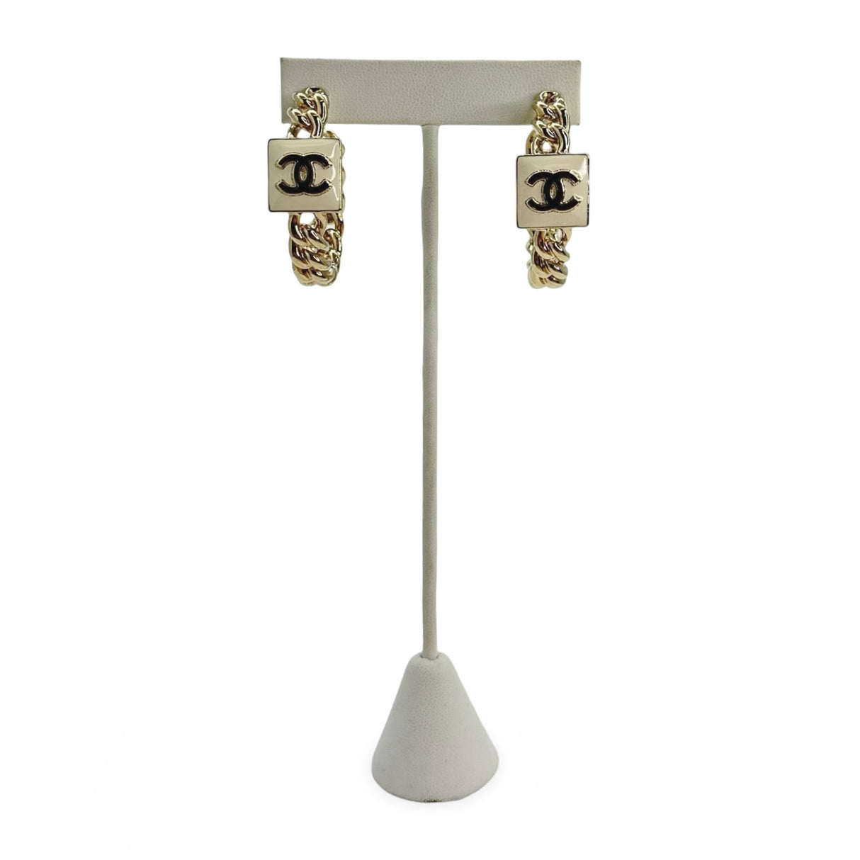 CHANEL: CC Enamel Chain Hoop Earrings