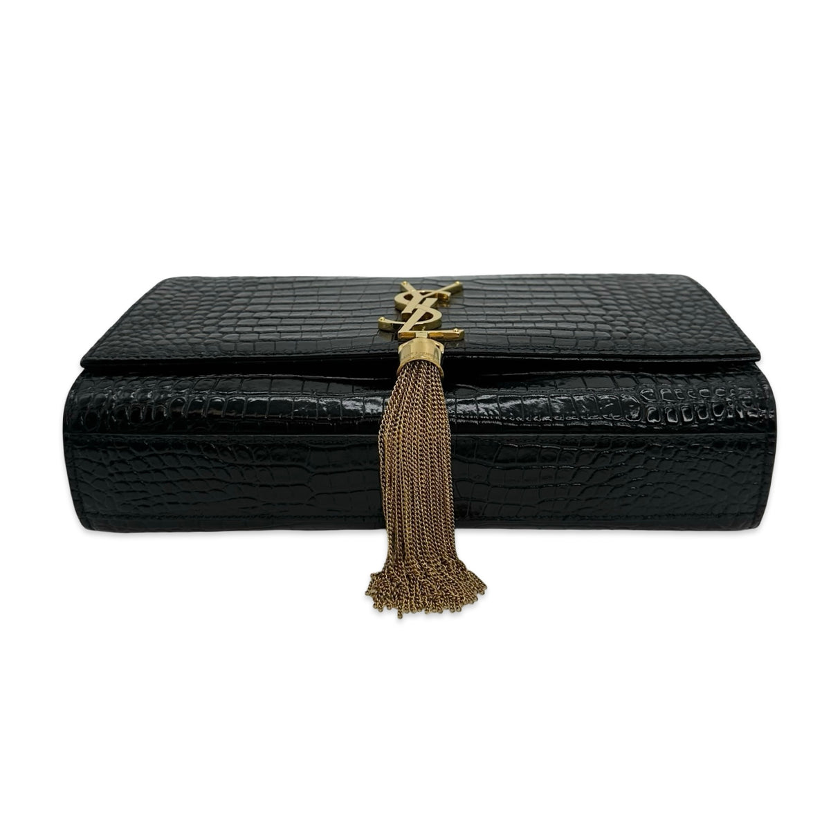SAINT LAURENT: Croc Embossed Medium Tassel Kate Bag
