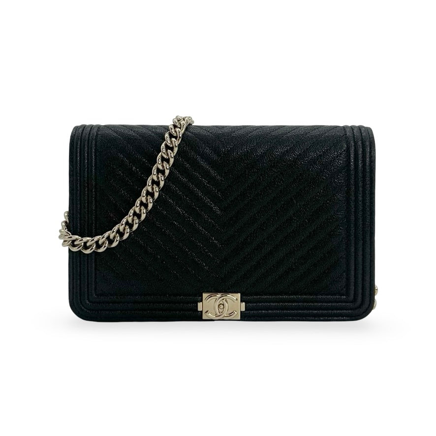 CHANEL: Chevron Quilted Caviar Boy Wallet on a Chain