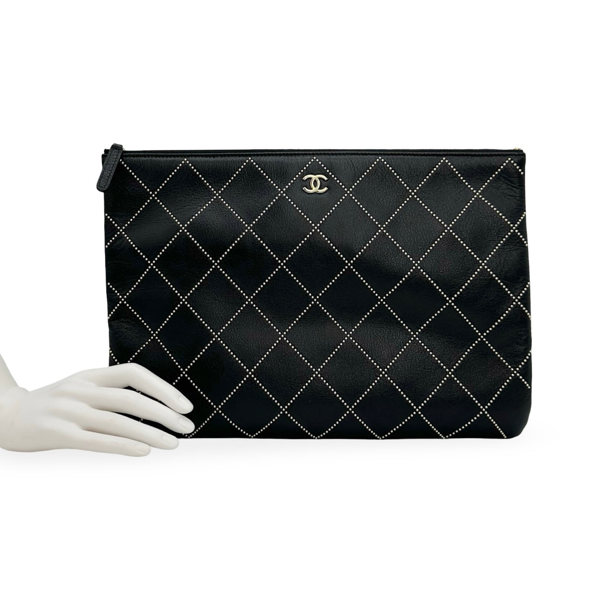 CHANEL: Quilted Studded Calfskin Large O Case Zip Pouch