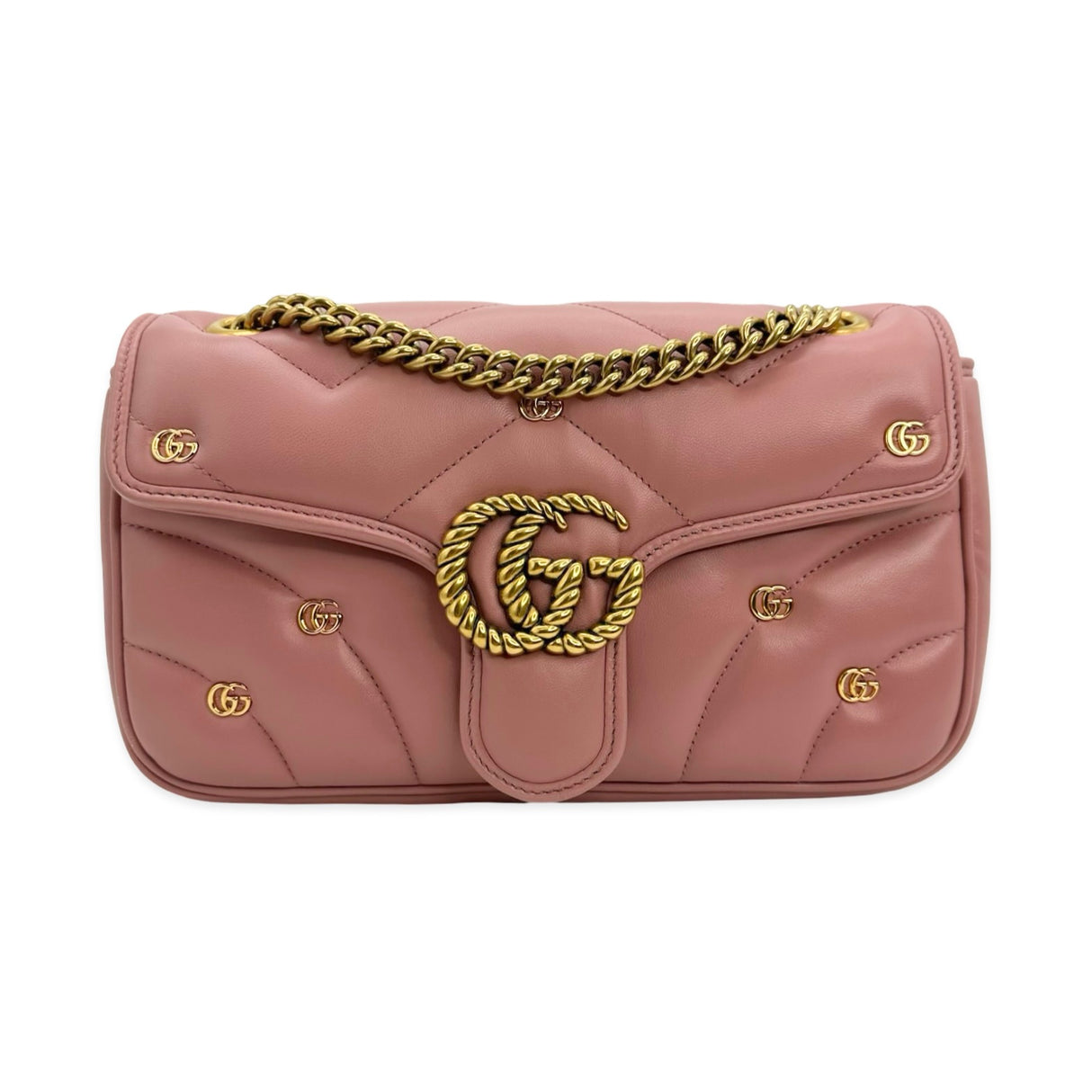 GUCCI: Quilted Leather Torchon Studded GG Marmont Medium Flap Chain Bag