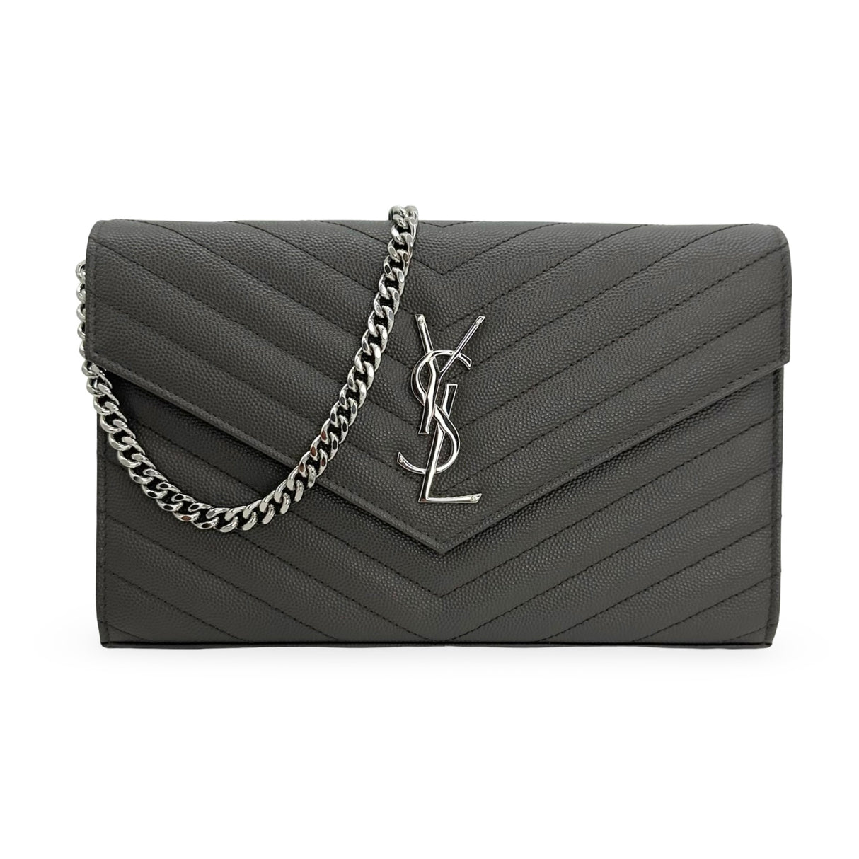 SAINT LAURENT: Quilted Grain de Poudre Classic Monogram Chain Wallet