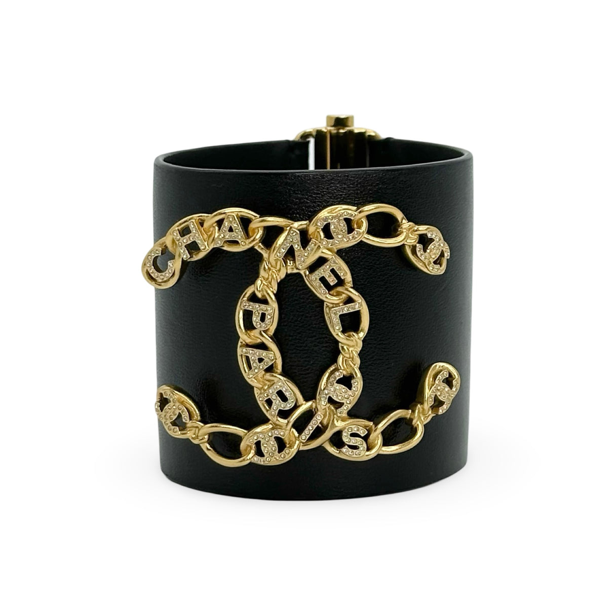 CHANEL: Crystal CC Paris Leather Wide Cuff