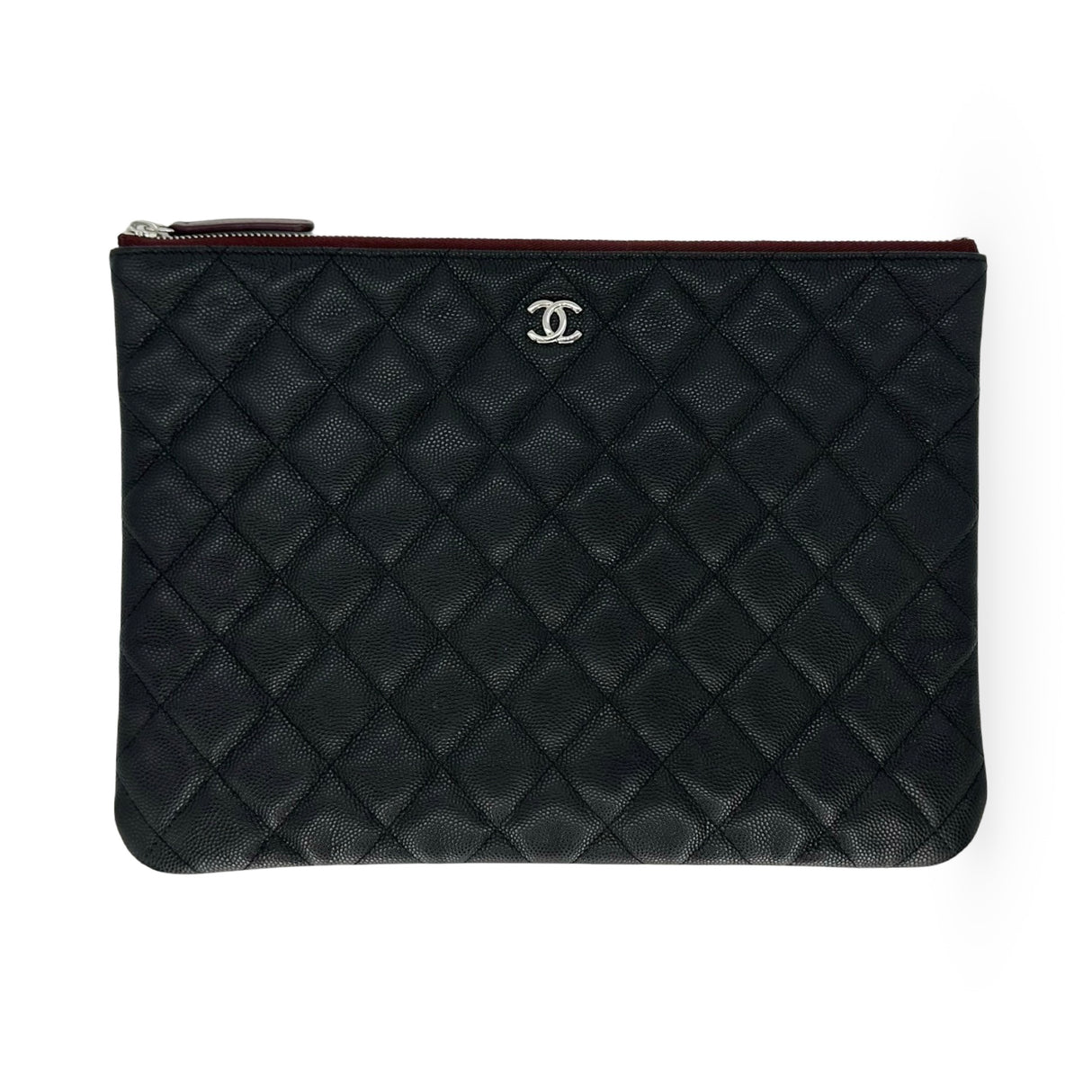 CHANEL: Quilted Caviar Large O Case Zip Pouch