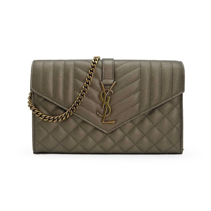SAINT LAURENT: Triquilt Grain de Poudre Envelope Chain Wallet