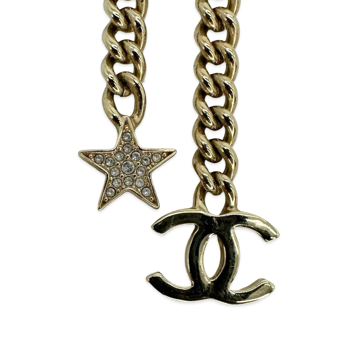 CHANEL: Crystal CC Star Chain Drop Earrings