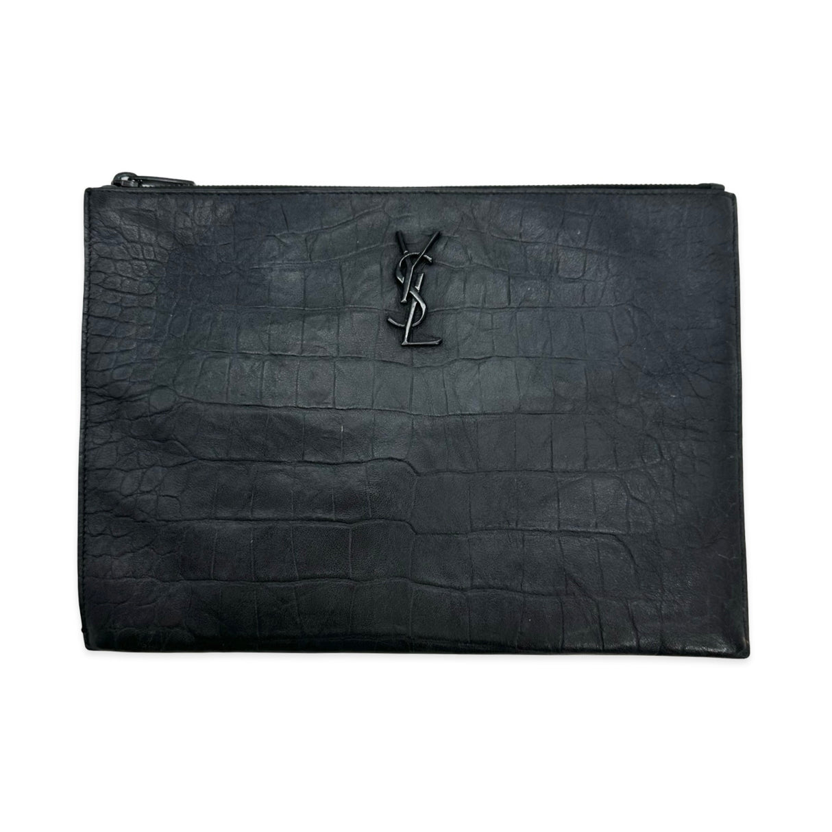 SAINT LAURENT: Croc Embossed Large Cassandre Zip Pouch