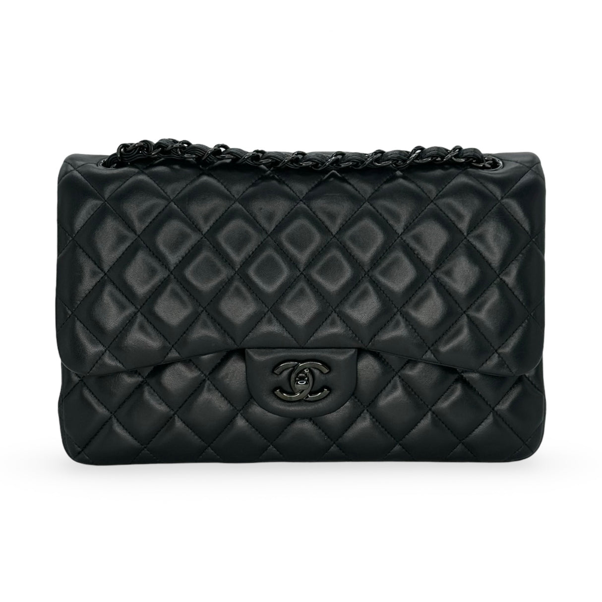 CHANEL: Quilted Lambskin So Black Jumbo Classic Double Flap