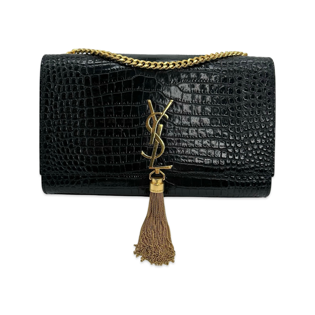 SAINT LAURENT: Croc Embossed Medium Tassel Kate Bag