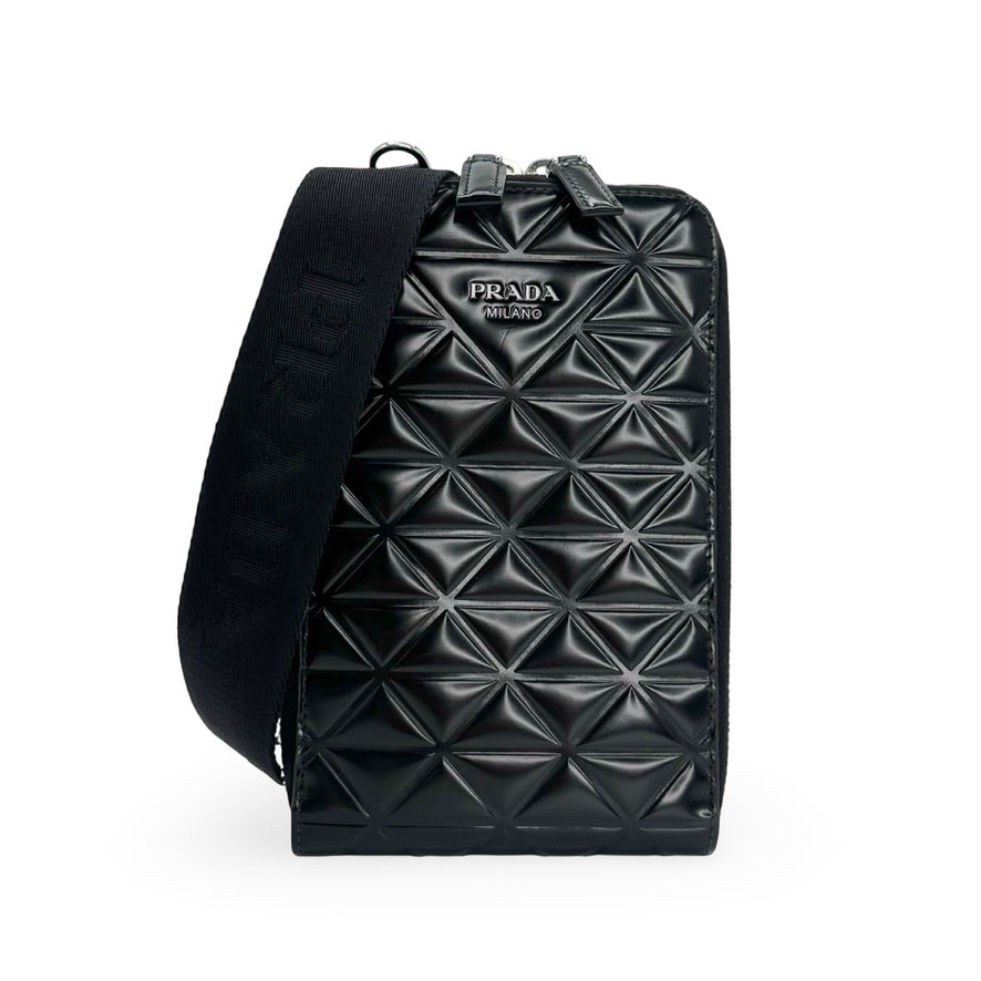 PRADA: Embossed Leather Symbole Phone Holder Crossbody