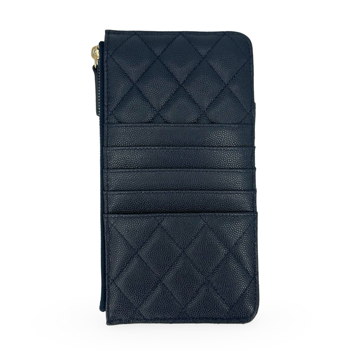 CHANEL: Quilted Caviar Phone Zip Card Case