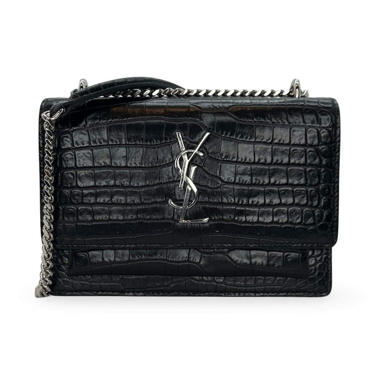 SAINT LAURENT: Croc Embossed Sunset Chain Wallet