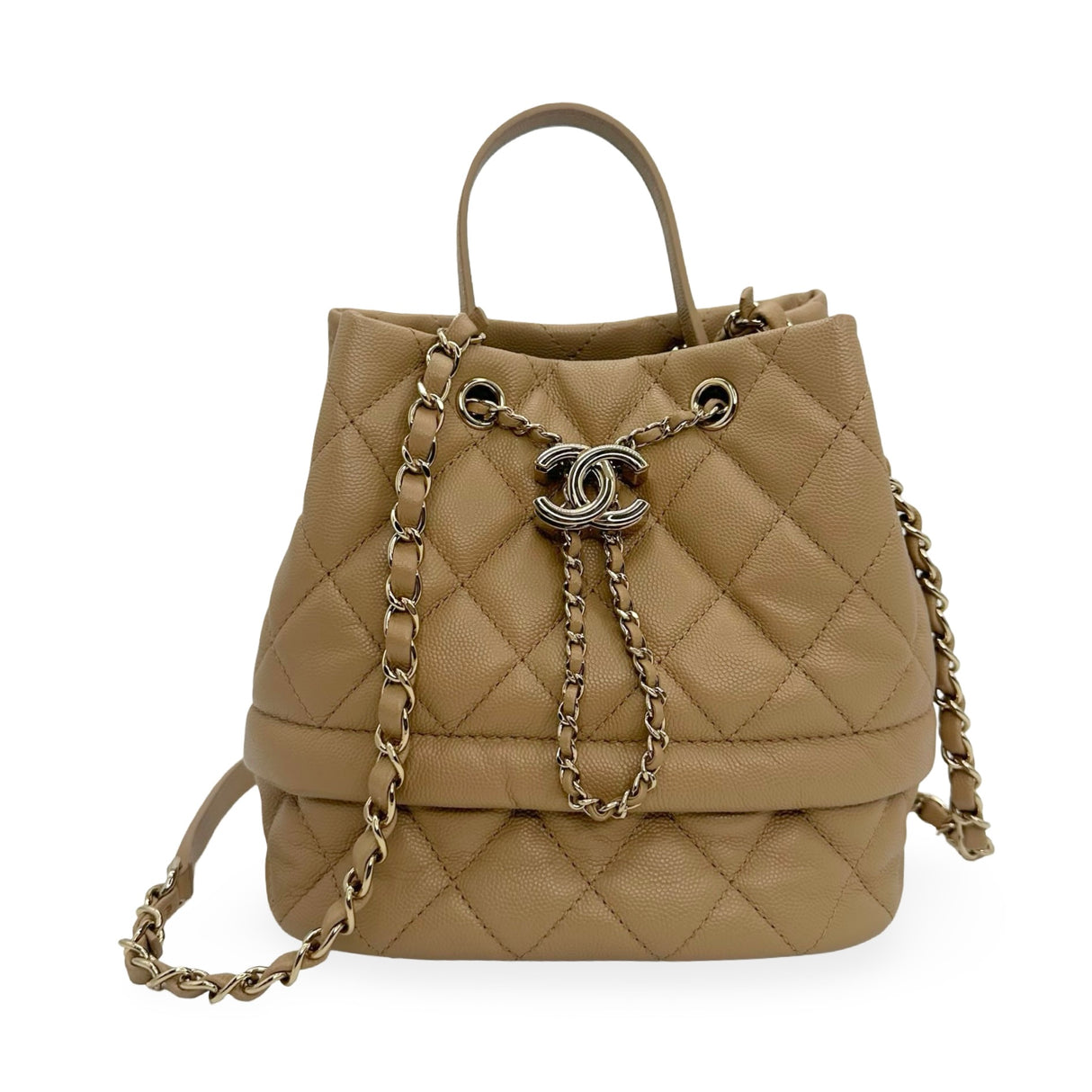 CHANEL: Quilted Caviar Rolled Up Drawstring Bucket Bag