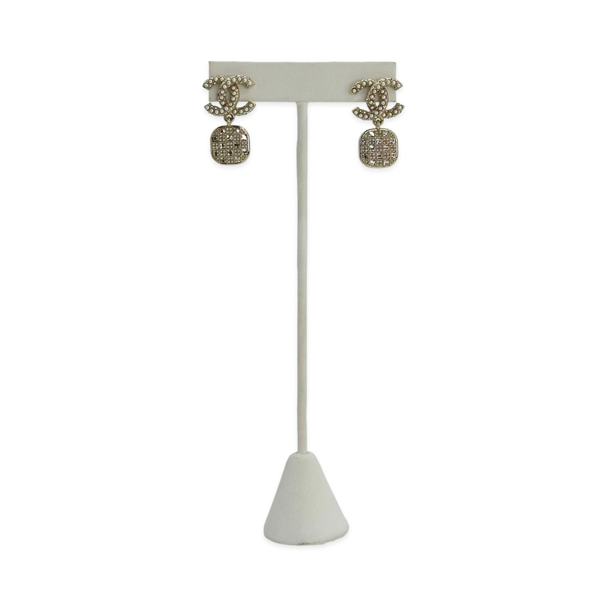 CHANEL: Crystal Pearl CC Square Drop Earrings