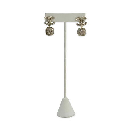 CHANEL: Crystal Pearl CC Square Drop Earrings