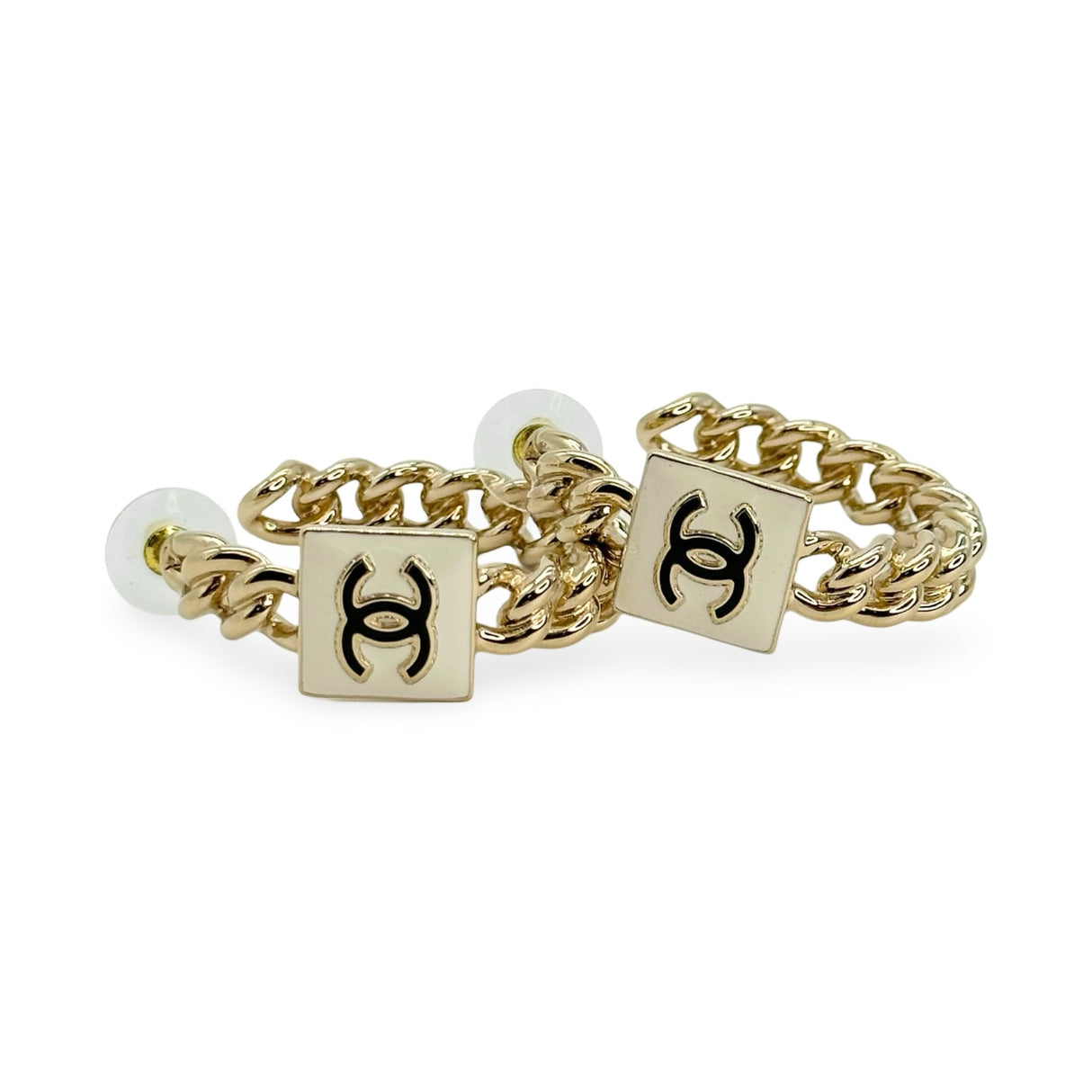 CHANEL: CC Enamel Chain Hoop Earrings