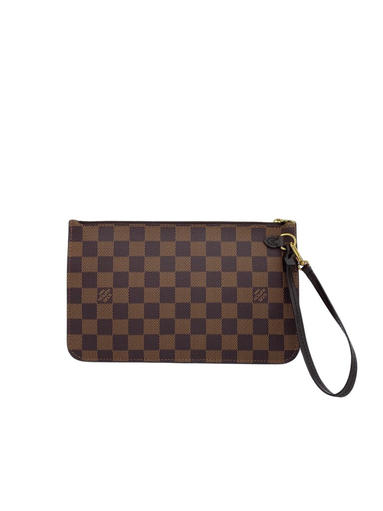 LOUIS VUITTON Neverfull Damier Ebene Pochette Wristlet Pouch Brown, Red  Lining