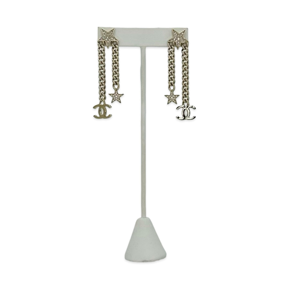 CHANEL: Crystal CC Star Chain Drop Earrings