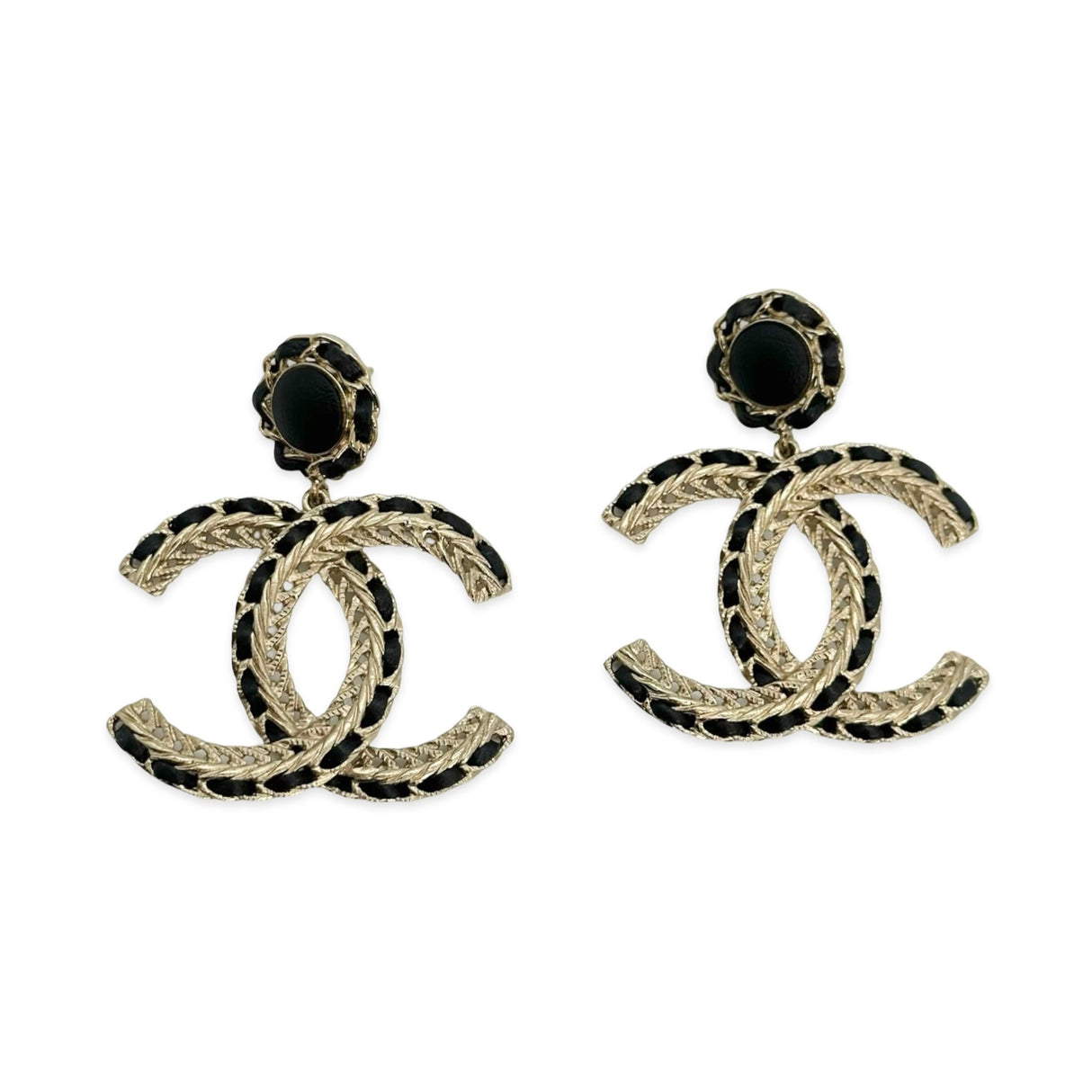 CHANEL: CC Chain Leather Button Drop Earrings